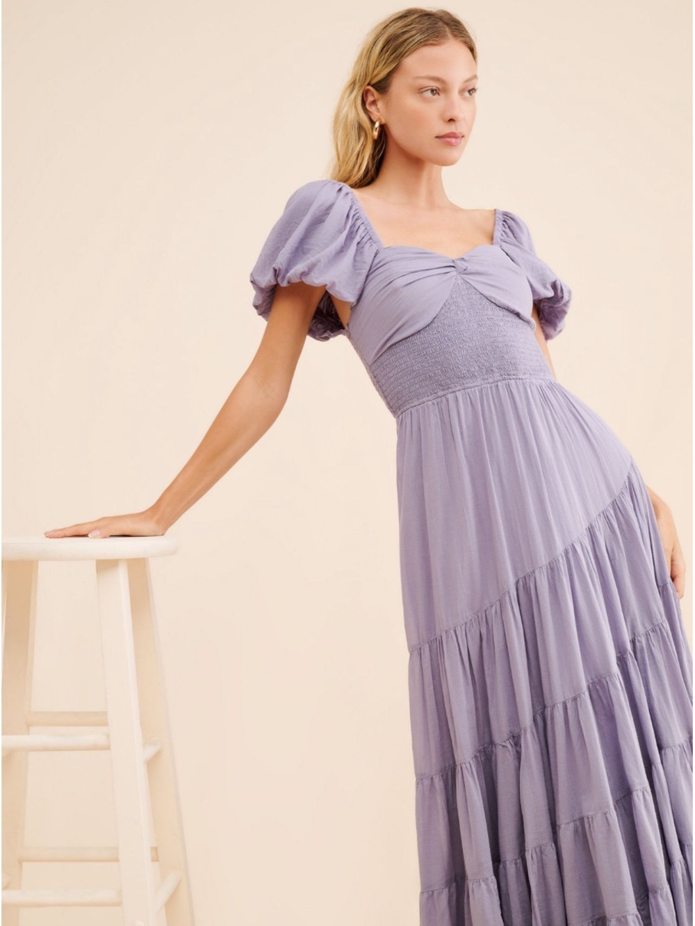 Free People Sundrenched Smocked Puff Sleeve Maxi Dress in Lavender Granite - Picture 4 of 16
